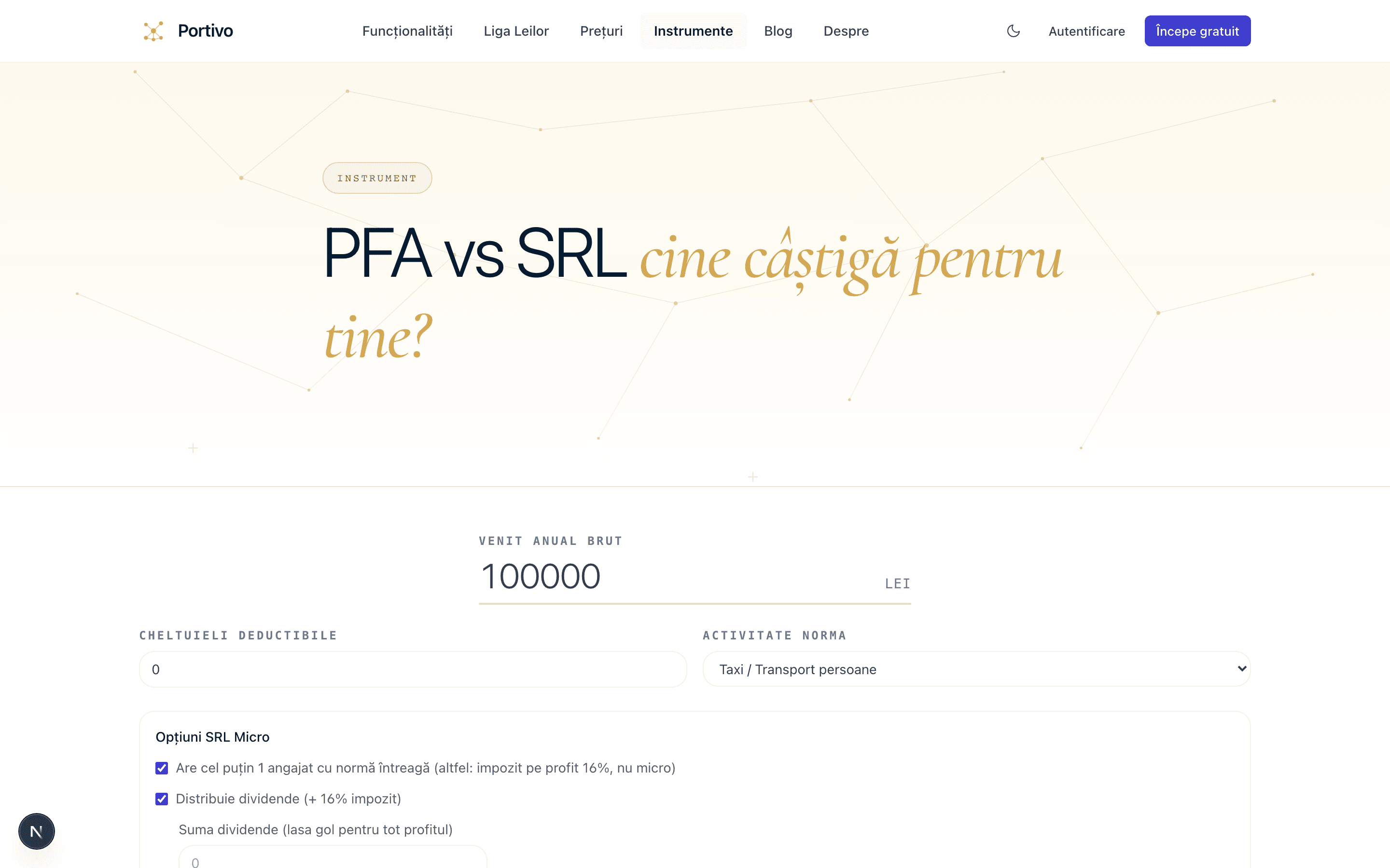 Comparație PFA vs SRL pe venitul tău, în calculatorul Portivo.