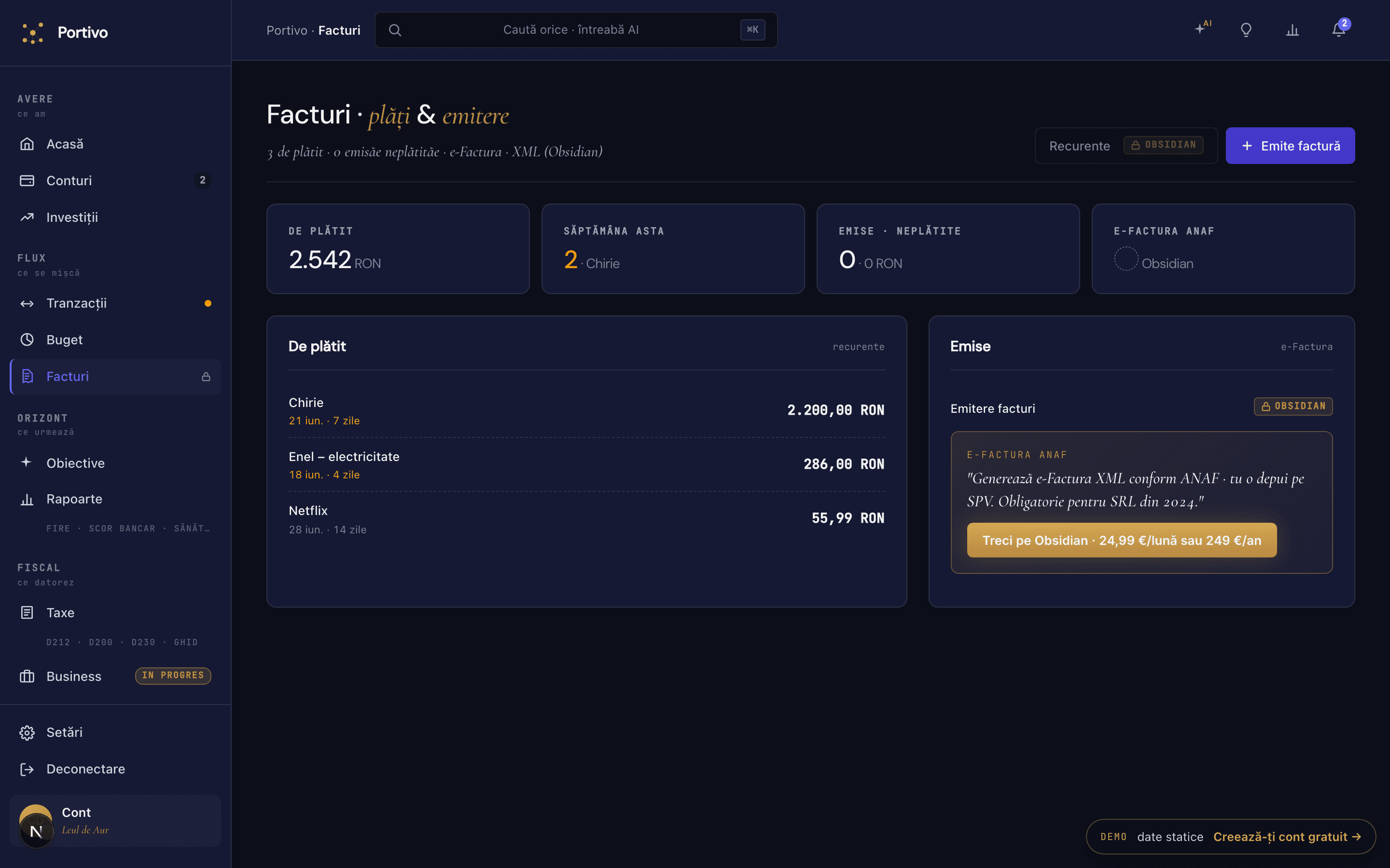 Generezi XML e-Factura în Portivo — depunerea pe SPV o faci tu.
